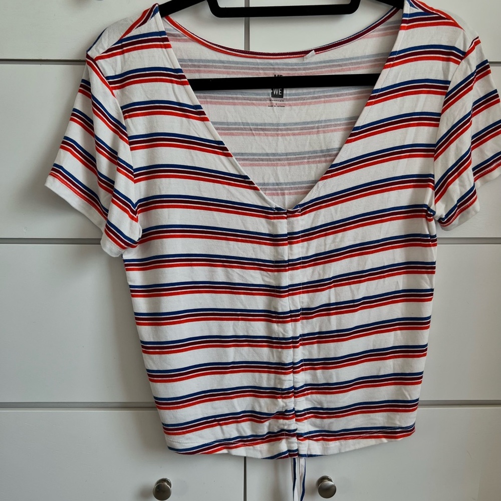 Me to We ruched top with stripes in colors blue, orange and maroon in a size L